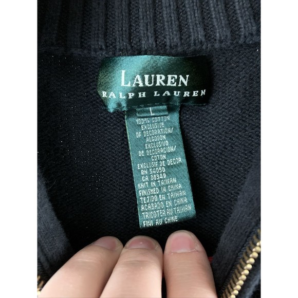 Lauren Ralph Lauren Women Large Black Equestrian Cardigan Faux Suede Patch - Picture 2 of 8